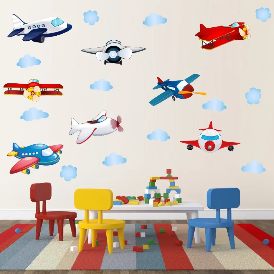 Plane Cloud Cartoon Home Decor Modern Color Wall Stickers Wall Art For Children Bedroom Wall Decoration Kids Removable Wallpaper (2)
