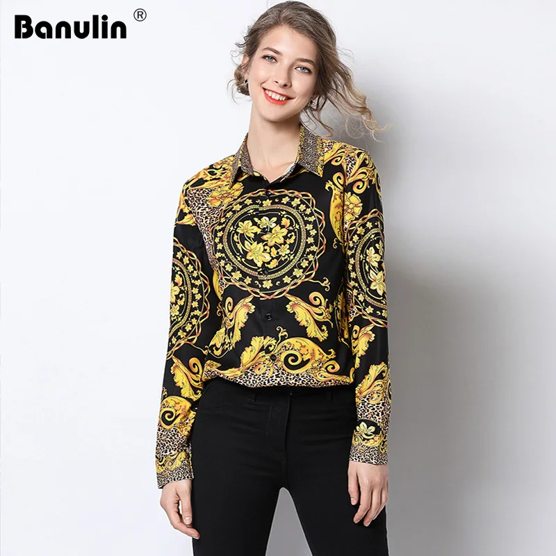 

Banulin Spring New Runway Designer Womens Tops and Blouses Long Sleeve Elegant Ladies Blouses Shirts Print Vintage Office Shirts