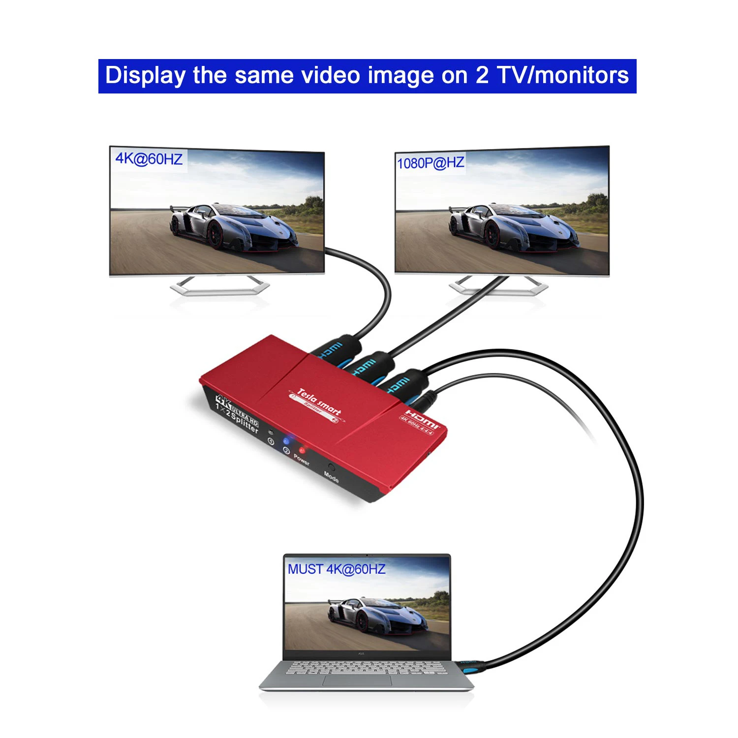  Tesla smart HDMI Splitter 1x2 HDMI 2 Port Splitter 4K@60Hz High quality with Power Adapter HDMI HDT