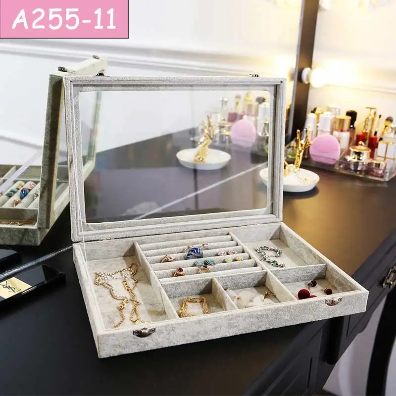 ANFEI ювелирный дисплей бархатный чехол для переноски 14 стилей со стеклянной крышкой Ювелирное кольцо Дисплей Коробка лоток держатель коробка для хранения Органайзер - Цвет: A255-11