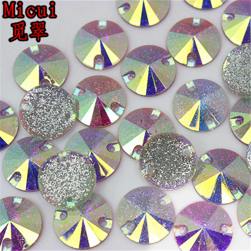 

Micui 100PCS Round AB Color Resin Rhinestone Crystal Stones Flatback Beads Sew On With 2 Holes For Crafts Garment decorate ZZ409