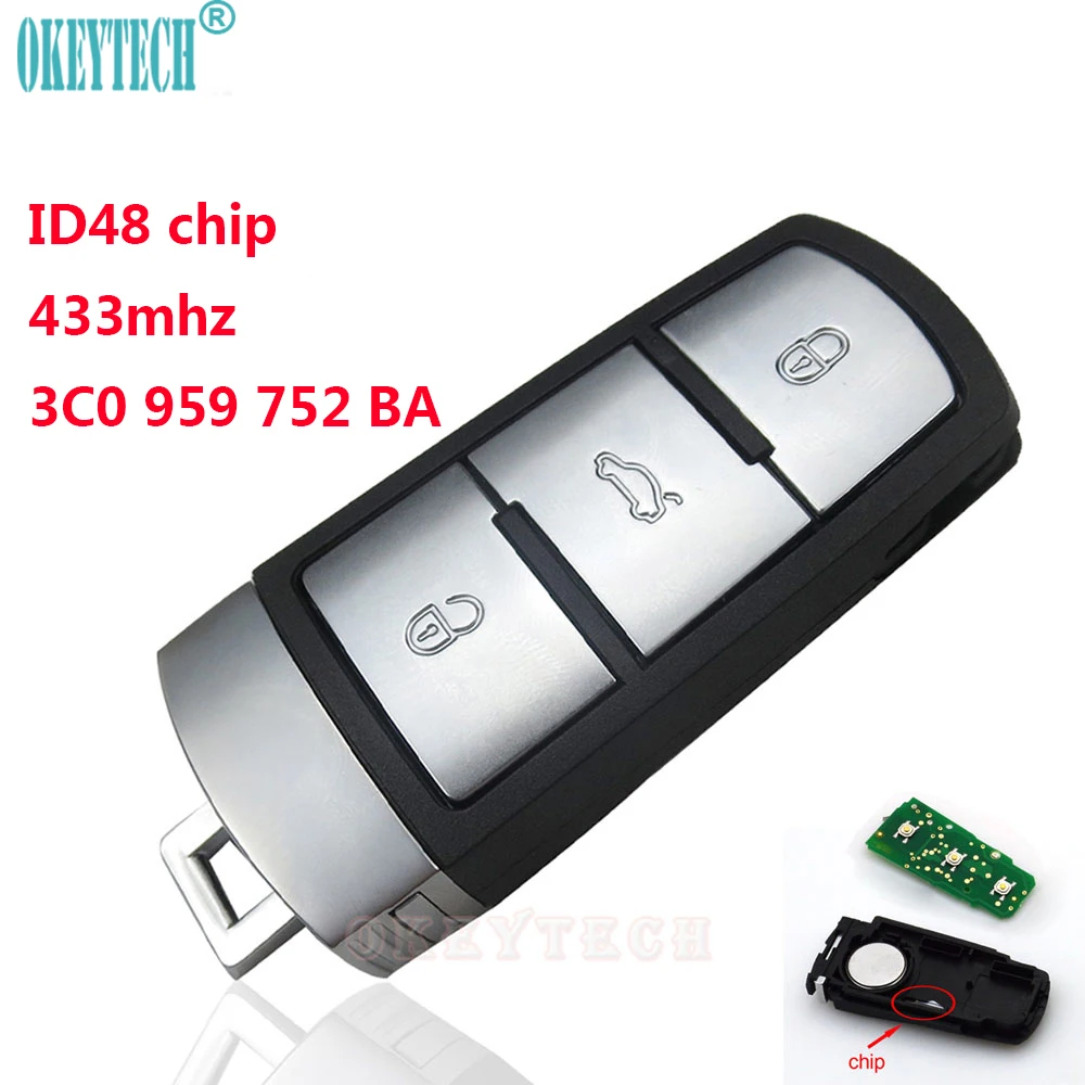 OkeyTech Smart Car Key for VW Volkswagen Magotan Passat CC 2005 2006 2007 2008 ID48 Chip 433Mhz 3C0 959 752BA 3 Buttons Remtekey