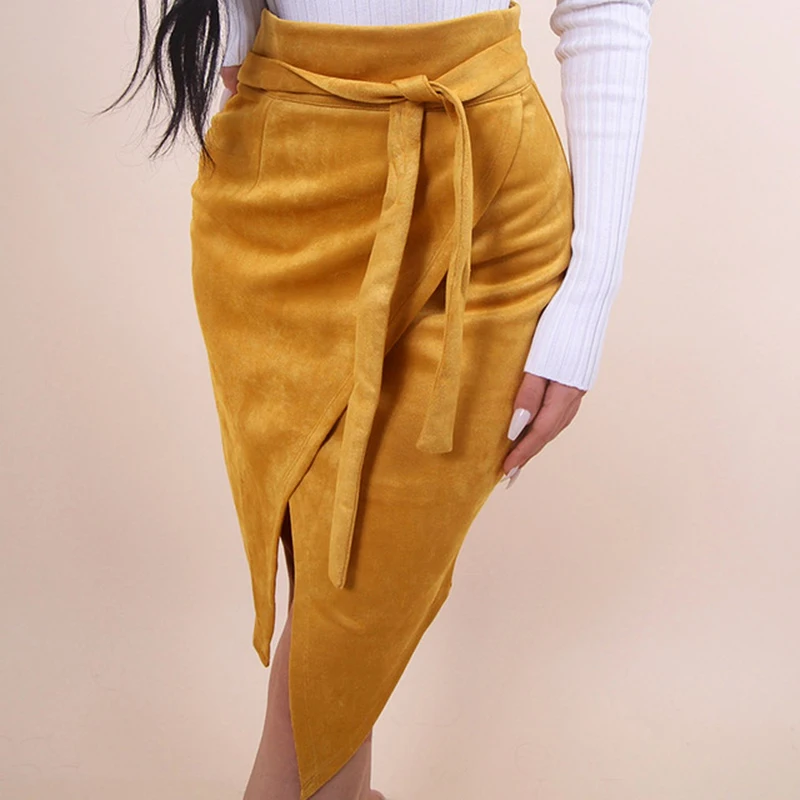 

Vintage faux suede leather skirt women Asymmetrical slit spring skirt Elegant sashes back zip knee skirts 2019 fashion saias