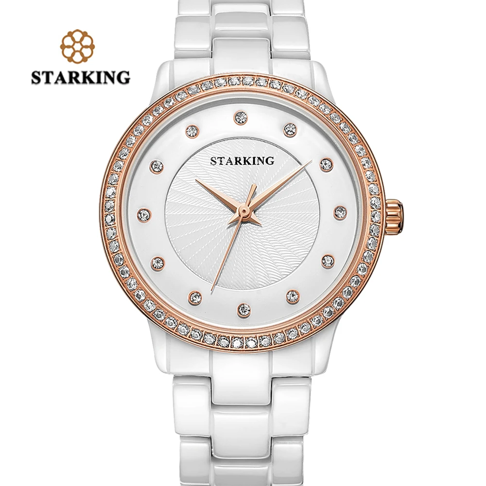 

STARKING Ladies Watches Creative White Ceramic Band Rose Gold W atch Women Crystal Elegant Jewelry Clock Female Gift 2018 New