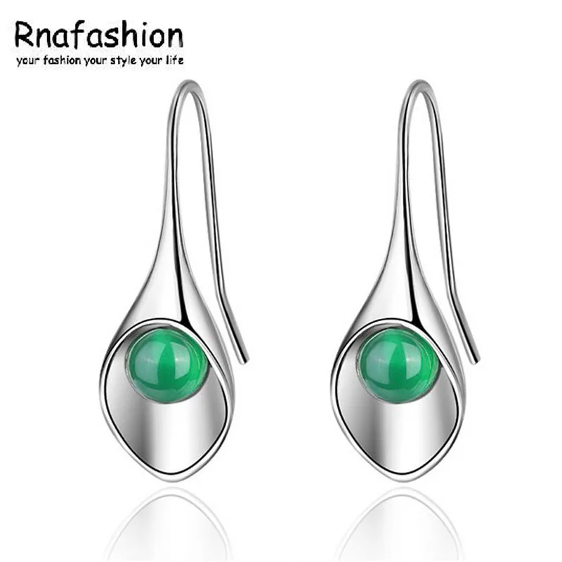 RNAFASHION Fashion Ear Hook 925 Sterling Silver Green And Red Onyx Flowers Shape Long Earrings For Women Vintage | Украшения и