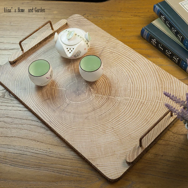 simple design semi-handmade nature finish wood tray with metal handle