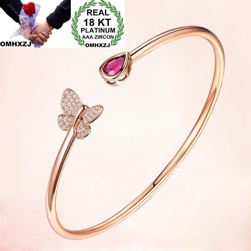 

OMHXZJ Wholesale European Fashion Woman Girl Party Wedding Gift Butterfly Water Drop AAA Zircon 18KT Rose Gold Cuff Bangle BA86