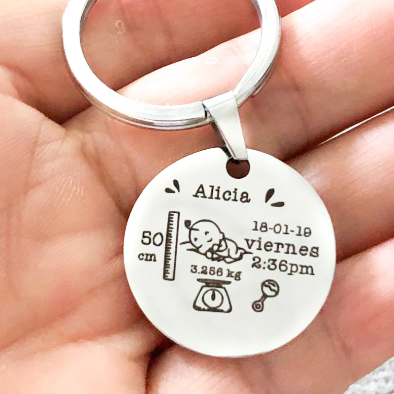 

Custom Baby Stats Key Holder Engraved Newborn Kids Name Weight Length Date Keychains Gift For Papa Mama Round Baby Keychain