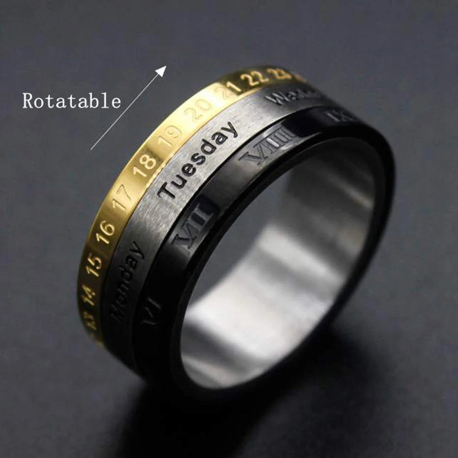 

Hemiston Titanium Steel Rotary Ring Rome Digital English Date Stainless Steel Fashion Ring For Men Women