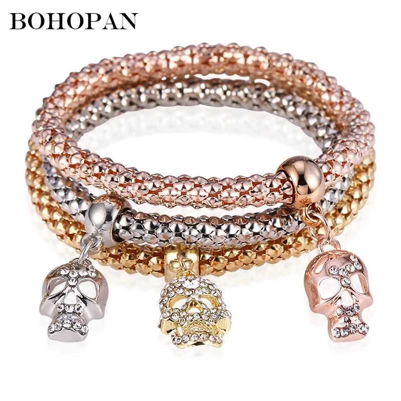 

Bohopan 3 PCS/Set New Fashion Women Crystal Skull Bracelets Bangles Gold/Silver/Rose Gold Color Charming Luxury Female Bracelets