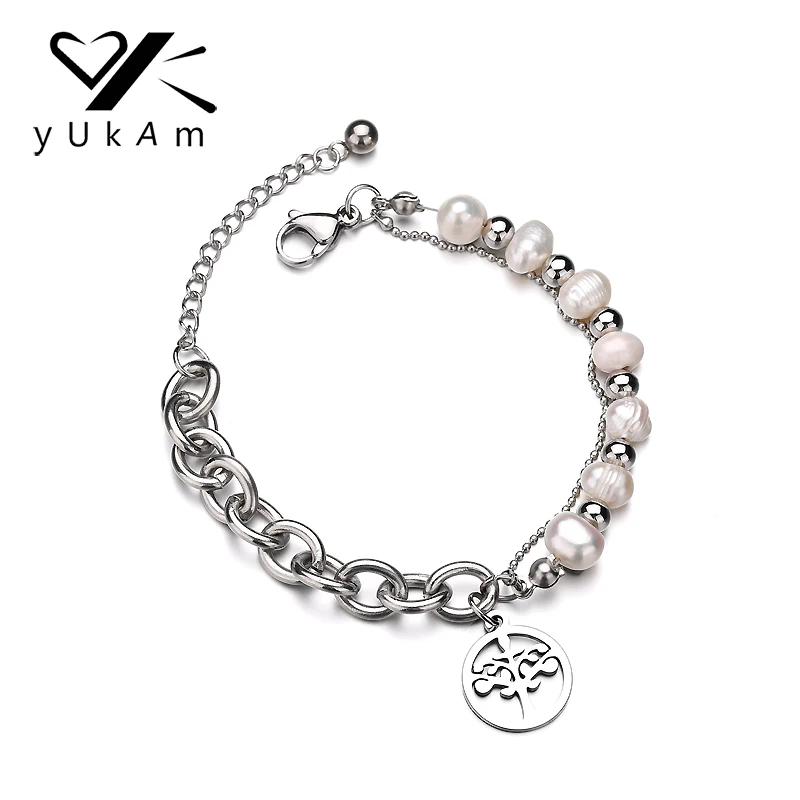 

YUKAM Women Imitation Pearl Beads Charms Bracelets Family Tree of Life Pendants Bracelets Stainless Steel Chunky Chain Bracelets
