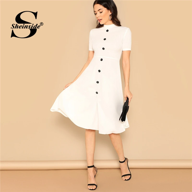 Download Sheinside Button Front Mock neck Solid Dress Women 2019 ...