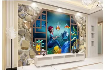 

Customized 3d wallpaper 3d wall murals wallpaper Cartoon Mermaid stereo aquarium TV background wall paper living room wallpaper