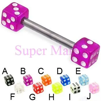

Dice Tongue Bar Rings Piercing Jewelry Mixed Color Barbell 14G 100pcs/lot Free shipping Cool Ball Fashion Body Piercing Jewelry