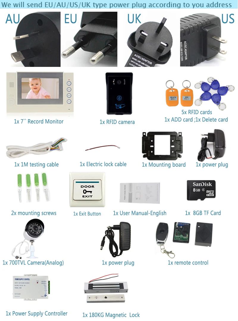 JEX 7 "TFT видео дверь домофон комплект системы Запись видео монитор + доступ RFID COMS Камера + CCTV Камера + power