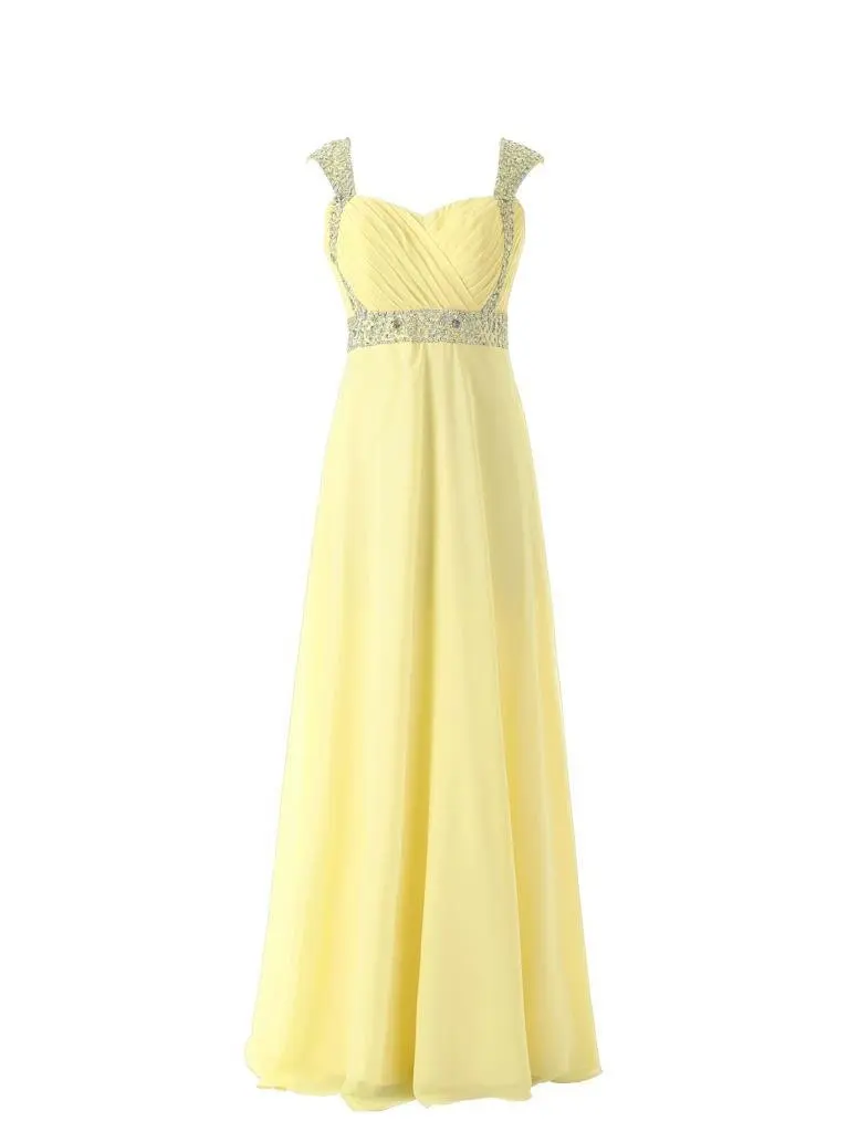 Ready To Ship Elegant Beaded Cap Sleeves Yellow Coral Long Prom Dresses