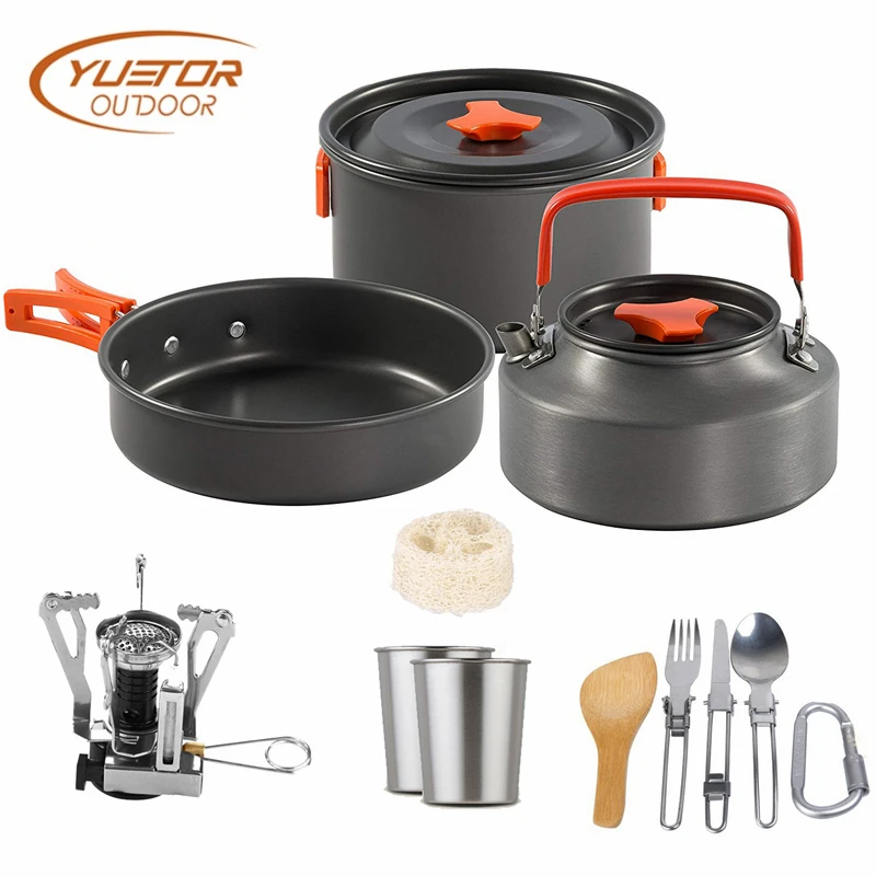  YUETOR OUTDOOR 2-3 Persons 15pcs Camping Stove Cookware Set Portable Utensils Bowl Pot Spoon tablew