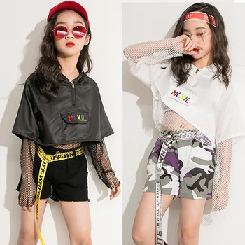 

Kids Jazz Dance Costumes Mesh Long Sleeve Hooded Top Camouflage Shorts Girls Hip Hip Clothing Street Dancing Stage Wear DN3668