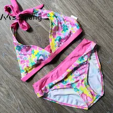 От 6 до 16 лет, купальный костюм с цветочным рисунком для девочек детская одежда для плавания из двух предметов бикини с принтом для девочек-подростков, топ с лямкой на шее, розовая купальная одежда для больших девочек