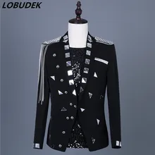 Мужские новые серебряные зеркала цепочка с кисточками заклепки epoulet Блейзер Объектив костюм куртка рок-певец Главная сцена костюм модное черное пальто