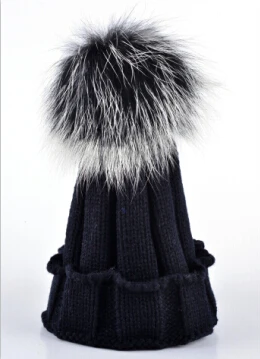 Модная зимняя теплая шапка Детские шапочки меховой вязаный шарик шапочки детская Шерстяная Лыжная Шапка енот шапки для девочек - Цвет: Черный