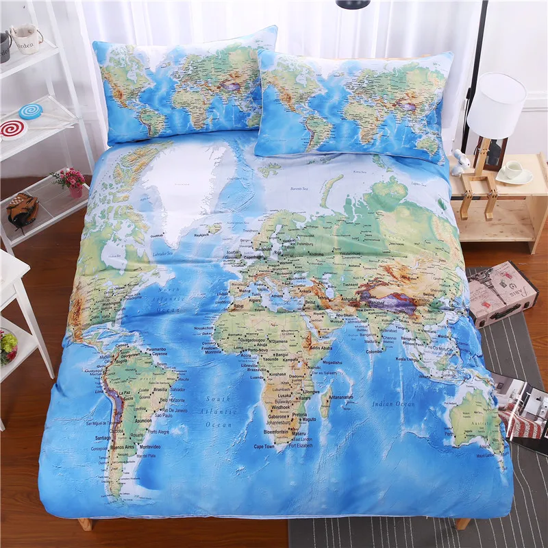 3 Pieces World Map Bedding Set Vivid Printed Blue Quilt Cover Set Super Soft Duvet Cover with Pillow Case For Gift