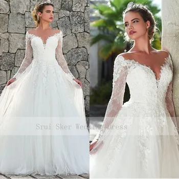 LOCA OFERTA ❤️ Maravilloso A-Line vestidos De Tulle Illusion vestido De Novia escote manga larga hecho a medida apliques Sexy espalda vestidos De Novia - discount item 40% OFF Bodas y eventos