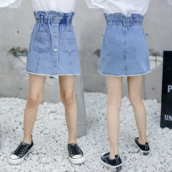 

Summer Kids Girl Blue Jean Skirt High Waist Ruffly Skirt for Girl Elastic Denim Cotton Pencil Skirts Israel Clothes For Children