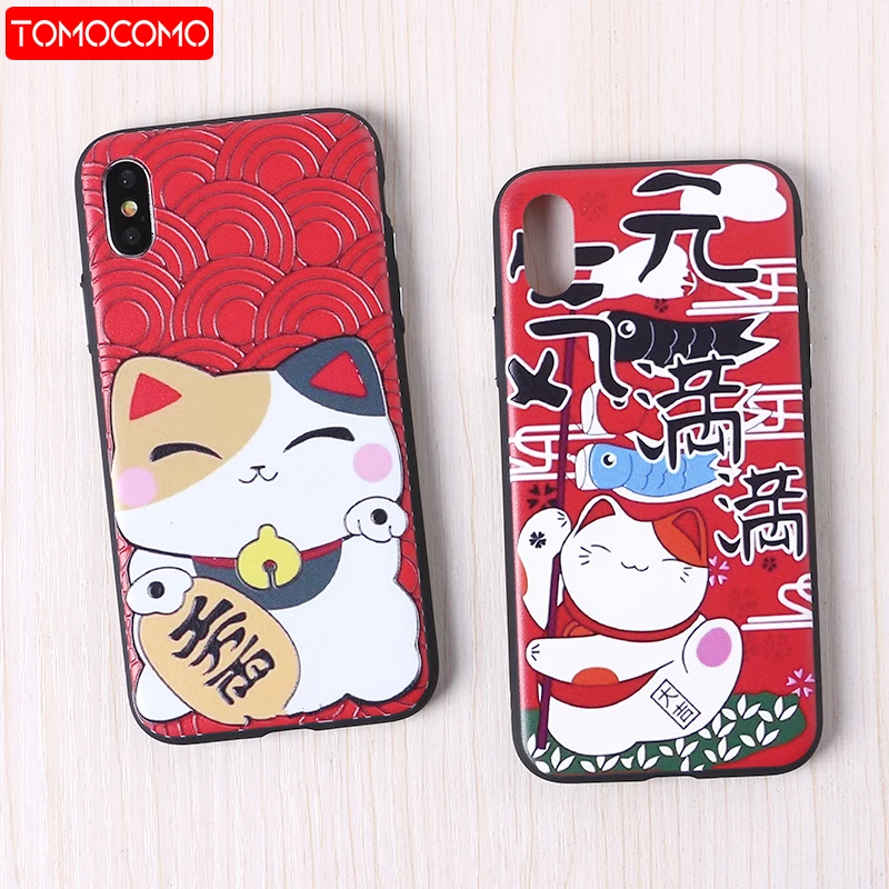 

Fashion 3D Relief Cute Cartoon Lucky Cat Case For iphone5 5SE 6 6Plus 7 7Plus 8 8Plus X XS Max Capa Cover Fundas