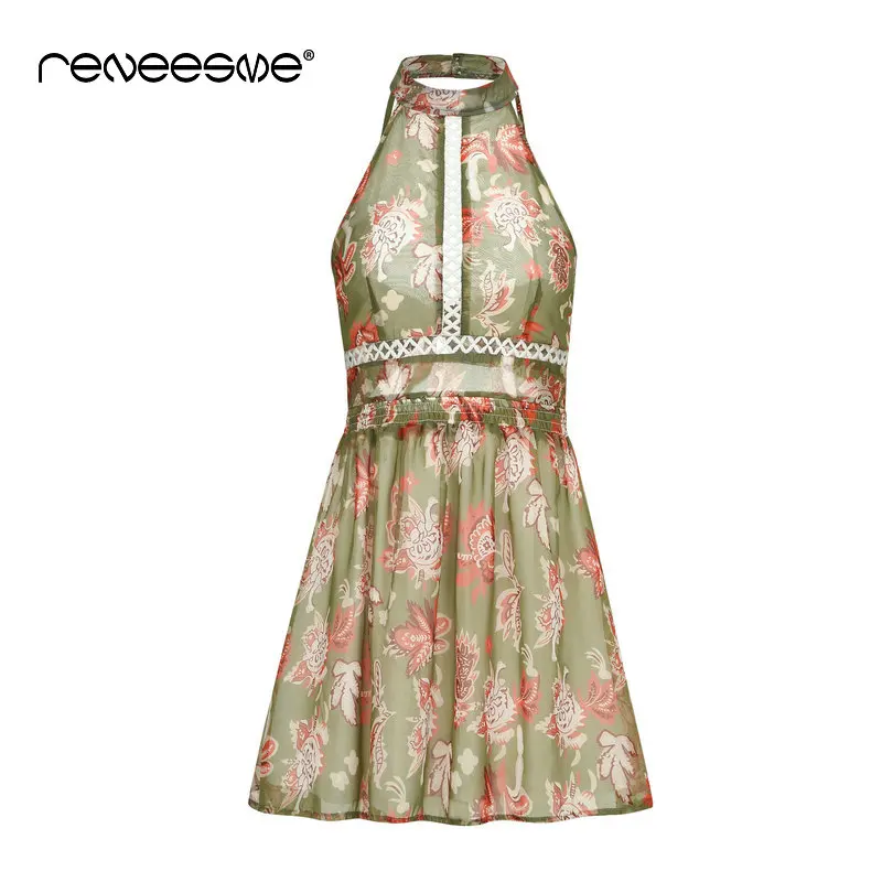 

bohemian women dress summer sleeveless halter waist hollow out print mini ladies dresses bow tie open back pink green vestidos