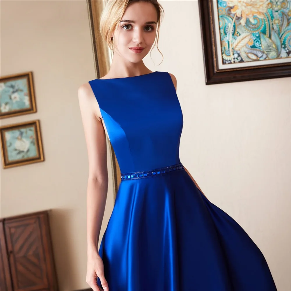 Модное Длинное Вечернее Платье трапециевидной формы Королевского синего цвета, сексуальное атласное платье с открытой спиной и поясом со стразами, вечерние платья, Robe De Soiree