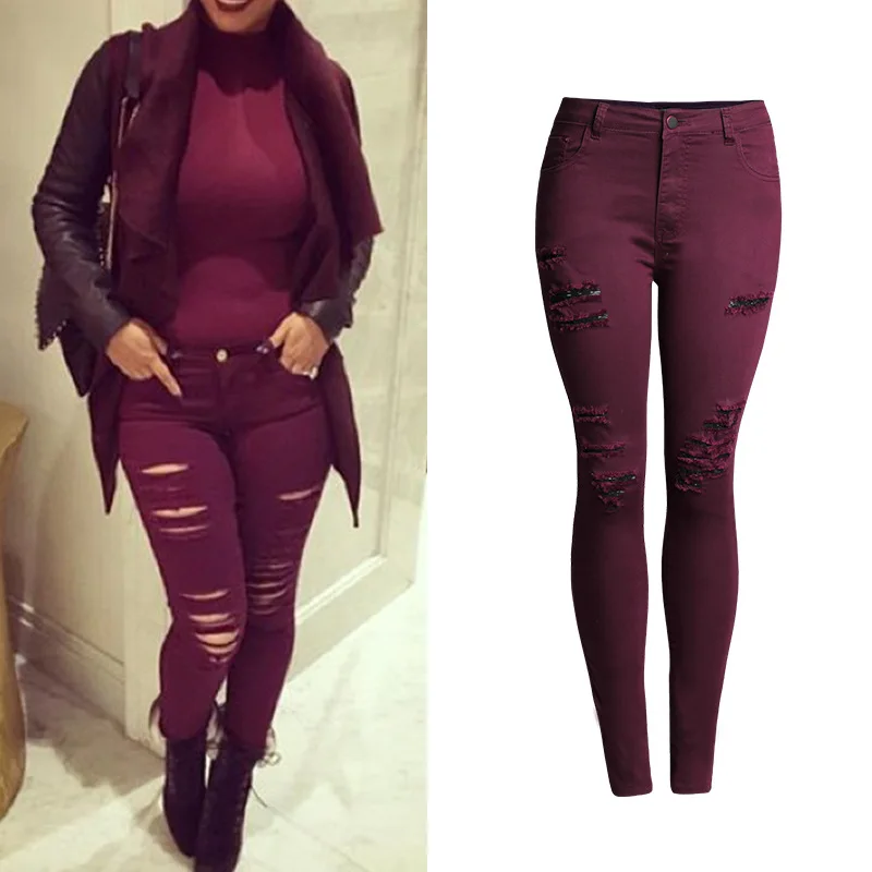 Online Get Cheap Burgundy Skinny Jeans -Aliexpress.com Alibaba Group 2017 Women`s Popular Burgundy Jeans Sexy beggar hole Skinny Elastic Denim Pants High Waisted Jeans Femme Plus size 4XL - Online Get Cheap Burgundy Skinny Jeans -Aliexpress.com Alibaba Group
