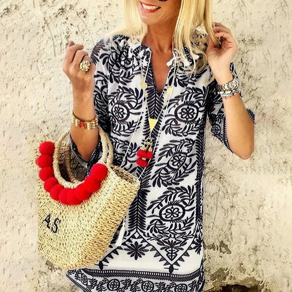 

Blouses Womens Casual V-Neck Ethnic Print Half Sleeve Boho Woman Shirt Blusas Mujer De Moda Loose Dames Shirt Ladies Blouse