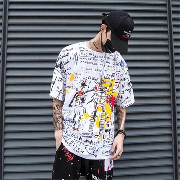 

Men hip hop loose t-shirt 2019 summer Half sleeve T-shirt Casual tshirt streetwear 2019 Fashion Cartoon Graffiti Print T Shirts