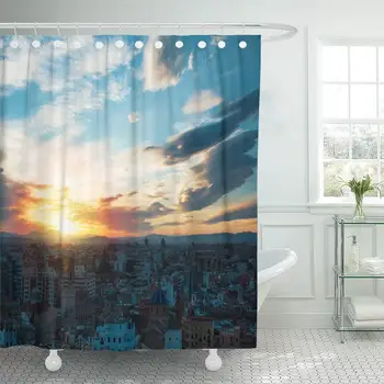 

Fabric Shower Curtain with Hooks Colorful Evening Panoramic View of Valencia City Center from Tower Cathedral Spain