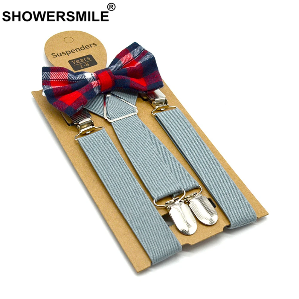 SHOWERSMILE Blue Kids Suspenders with Bow Tie Leather Children Braces British Style Wedding Red Gray Solid Boys Suspenders 65cm