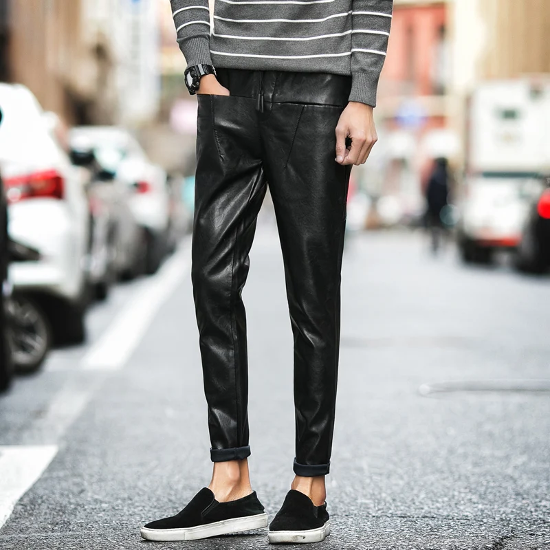 Spring New Pants Men Nice Fashion Designer Men Leather Pants Korean Slim Fit Black PU Leather Men Pant Casual Mens Trousers 22