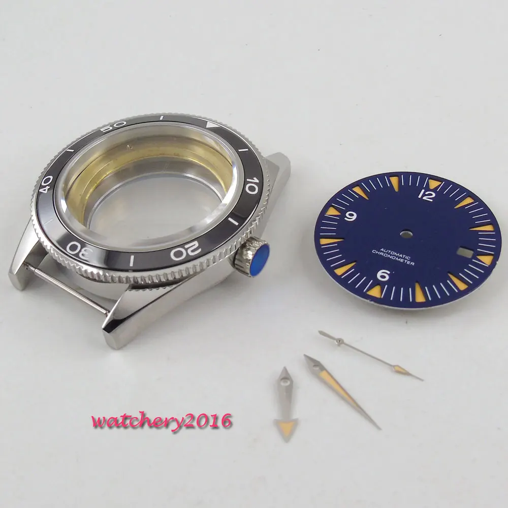 41mm parnis blue Dial + Hands + Watch Case set fit ETA 2824 2836 Movement Sapphire Glass High quality hardened Watch Case