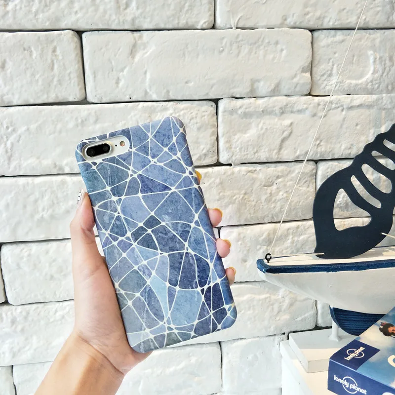 Luxury Marble Blue Geometric line Slim PC Hard phone Cases For iphone 8 case back covers for 6 6s 7 plus Fundas coque | Мобильные