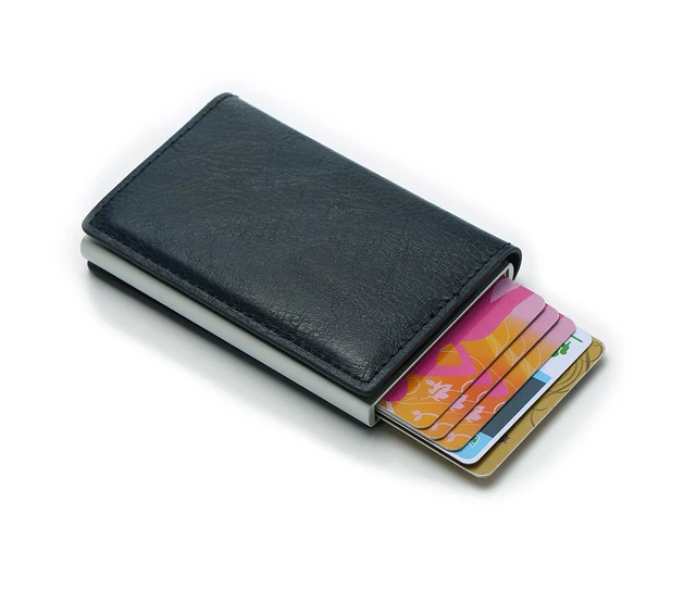 DIENQI Anti Rfid Protection Men Women Credit Card Holder Leather Vintage Slim Mini Wallet Metal Aluminum Business id Card Case -