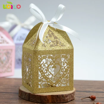 

50pcs/lot Wedding Candy Box Romantic Heart glitter paper 6 color gold pink rose blue Bag Wedding Favors Gifts Box Party Supplies