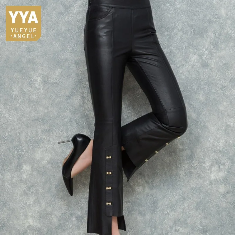 

New Skinny Genuine Leather Boot Cut Pants Women Natural Sheepskin Real Leather Lady Trousers Slim Fit Solid High Waist Rivet