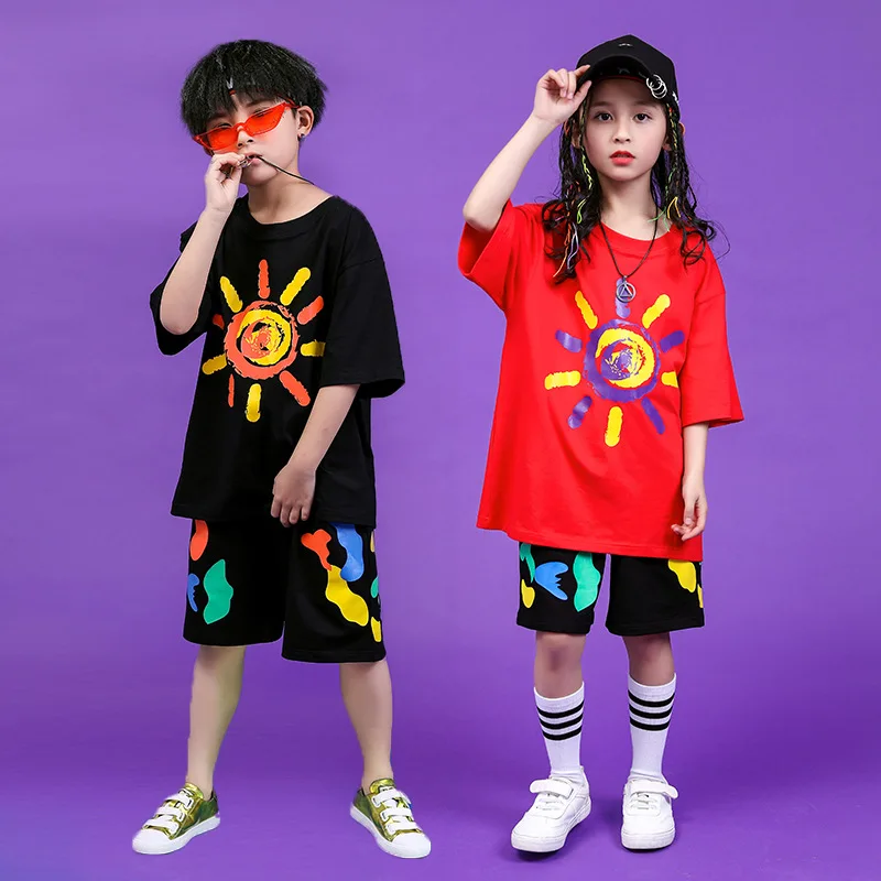 

Children's Hip Hop Street Jazz Dance Suite Girls Boys Streetwear Cotton Short Sleeved T Shirt Children's Day Wear