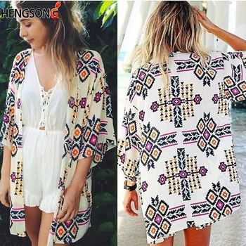 

HENGSONG Women Chiffon Blouses & Shirts Summer Beach Wear Sundress Casual Tops Fashion Geometirc Print Cardigans Vestidos