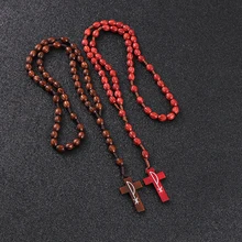 Коми деревянные красные коричневые четки бусины крест кулон длинное ожерелье для женщин мужчин католический Христос религиозная Подвеска "Иисус" ювелирные изделия подарок R-226