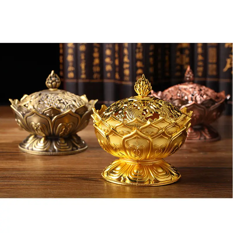 JX-LCLYL Alloy Chinese Lotus Hollow Cover Incense Burner Aromatherapy Censer Cone Holder