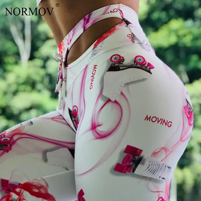

NORMOV Sexy Skates Printed Leggings Hollow Fitness Workout Bandage High Waist Leggings White Pink Factor Print Leggings