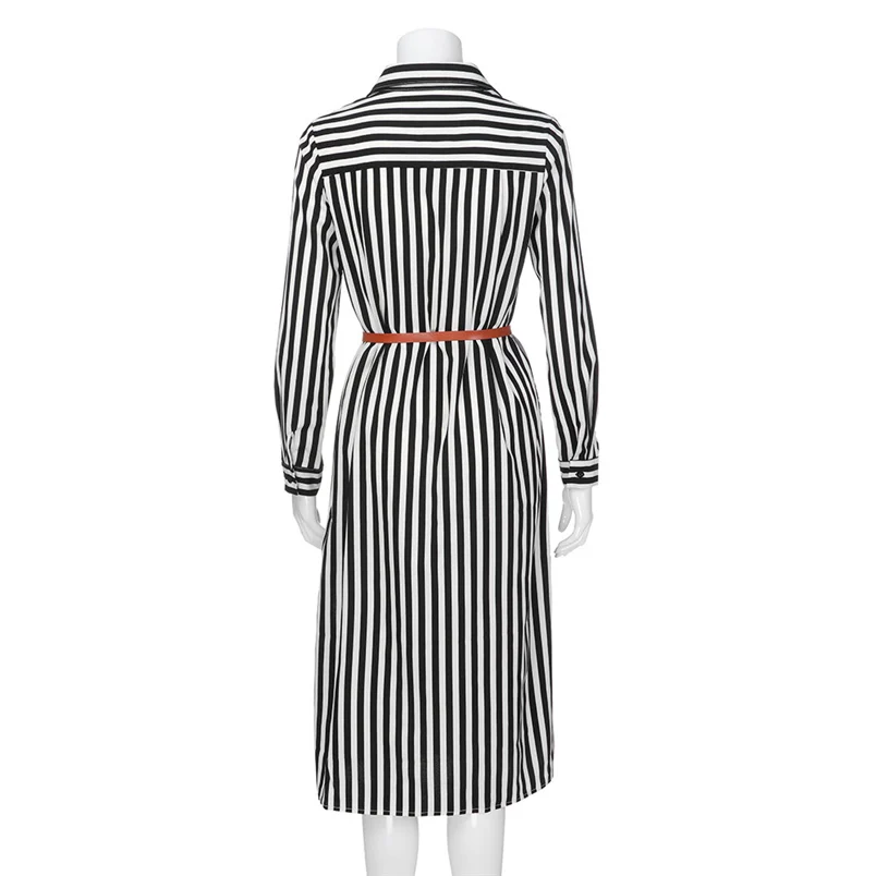 Women Autumn Dress Fashion Stripe Printed Long Sleeves Button Bandage Belt Shirt Long Dress Elegant Vestido Wholesale #K07 (3)