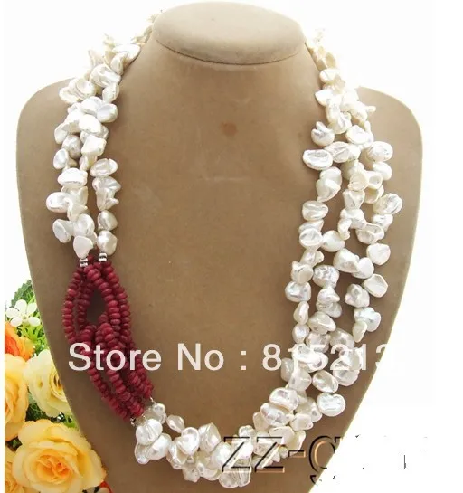 FREE SHIPPING>>> HOT324 3Strds White Keshi Pearl& stone Necklace