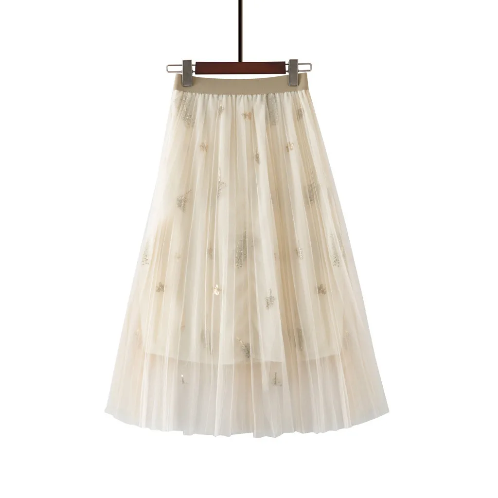 Весенне-летняя юбка из тюля, Женская плиссированная юбка-пачка, расшитая бисером, а-силуэт, сетчатая юбка средней длины, Женская Длинная элегантная юбка Apr23